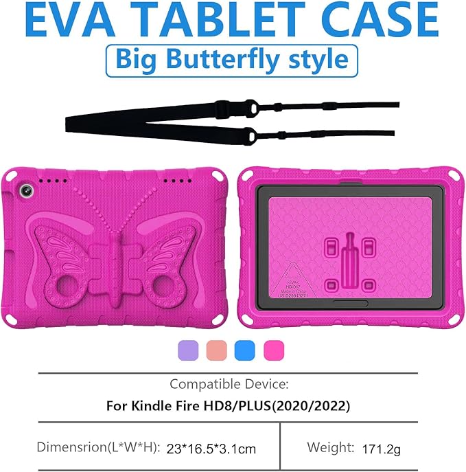 For Kindle Fire HD8 (2020/2022) kids girl Tablet Case Butterfly Wings Kickstand EVA Material Light Weight Shockproof Rugged Heavy Duty Kids Case for Kindle Fire HD8 Plus (2020/2022) (Rose red)