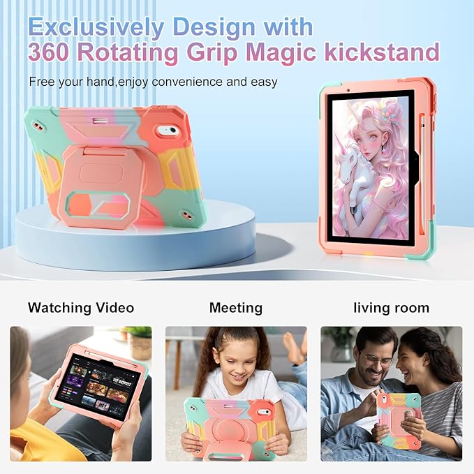 for iPad Air 11 Case (M3) 2025/ iPad Air 11 Case 2024 (M2) with Pen Slot/360 Rotating Grip Magic StandKeychain/Shoulder StrapFull-Body Rugged Cover for iPad Air 6th Generation (Colorful)