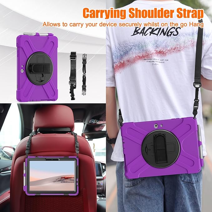 ZenRich Rugged Case for Surface Go 4 (2023)/Surface Go 3 (2021)/ Surface Go 2 (2020) Surface Go (2018) with Pen Holder Heavy Duty Shockproof Case with Stand Hand Strap and Shoulder Belt-Purple