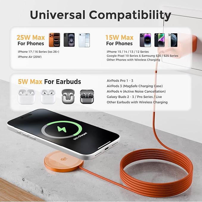 25W Magnetic Wireless Charging Pad: Qi2.2 Qi2 MagSafe Fast Charger for iPhone Air 17e 17 16 15 14 Pro Max Samsung Galaxy S26 S25 Google Pixel 10 &amp AirPods Gift Ideal for Desk Travel (Orange 2P