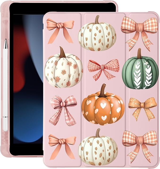 Cute Fall Pumpkin Bow for iPad Pro 12.9 Inch Case 5th/6th Generation 2022/2021/2020 with Pencil Holder Auto Sleep/Wake Pink Leather Soft TPU Back Cover