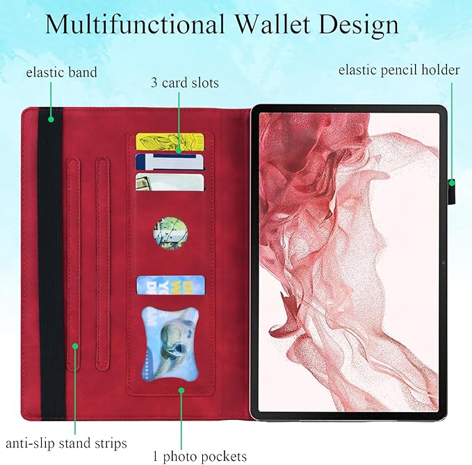 Case for Samsung Galaxy Tab S10 FE+/S10 FE Plus 13.1 Inch 2025 Model (SM-X620/SM-X626B) with Pencil Holder/Pocket/Card Slots Folio Stand PU Leather TPU Back Shockproof Wallet Cover Red