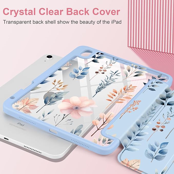 Case for iPad (A16) 11th Generation 11 inch 2025 /iPad 10th Gen 10.9 2022- Cute Patterns Blue Cover with Clear Back Shell Auto Wake Sleep Trifold Stand &amp Pencil Holder Hand-Drawn Leaves