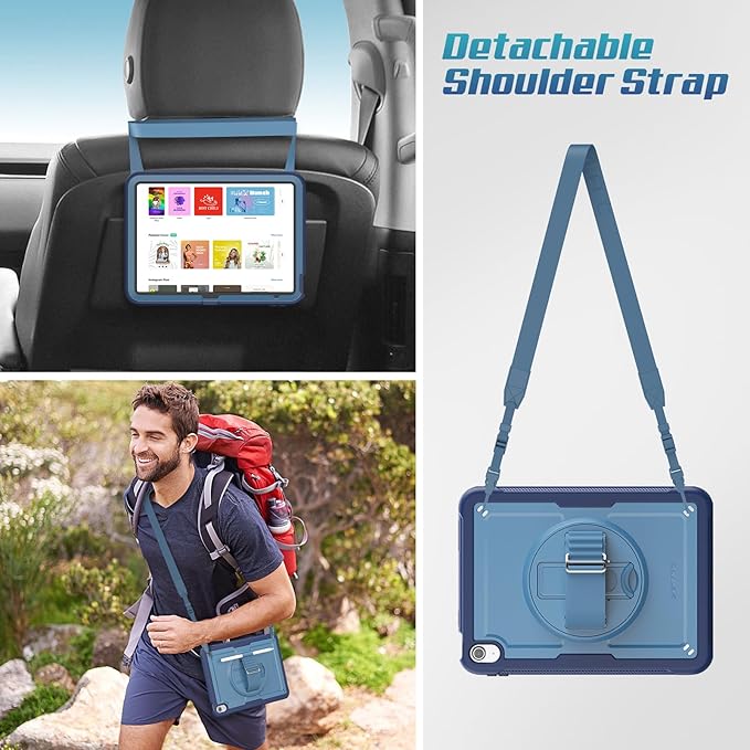 SEYMAC stock Case for iPad A16 11-inch Case 2025/ for iPad 11th/ 10th Generation 10.9'' 2022 Protective with Screen Protector Pen Holder Rotate Stand Loop Nylon Hand Strap Shoulder Strap Blue