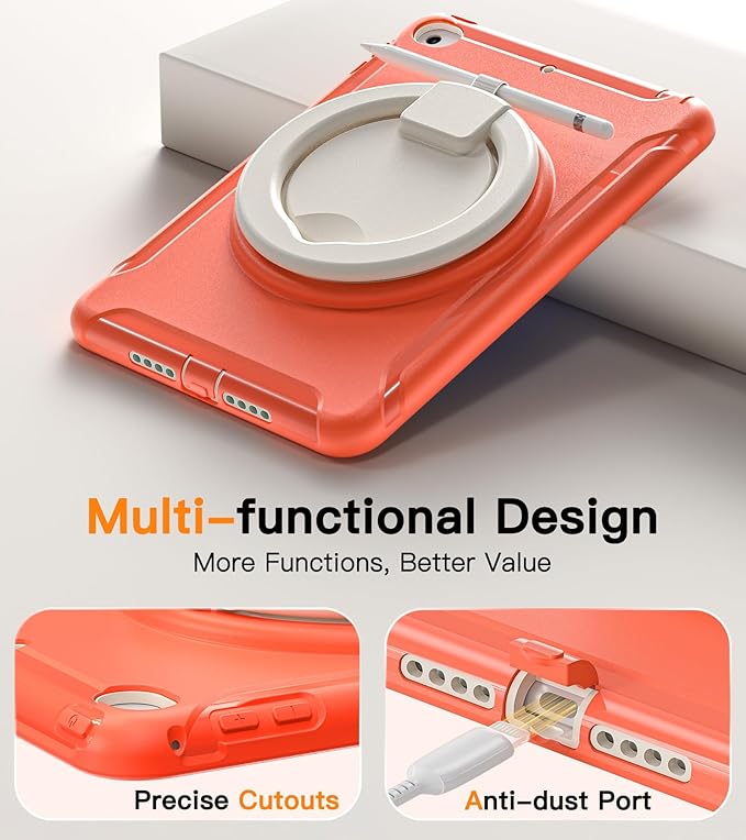 BATYUE Shockproof Case for iPad mini 4/5 (2015/2019) - 360° Multi-Angle Stand (Portrait &amp Landscape) &amp Grip Pencil Holder (Elastic Loop) Multi-Scene for All Ages Coral Orange