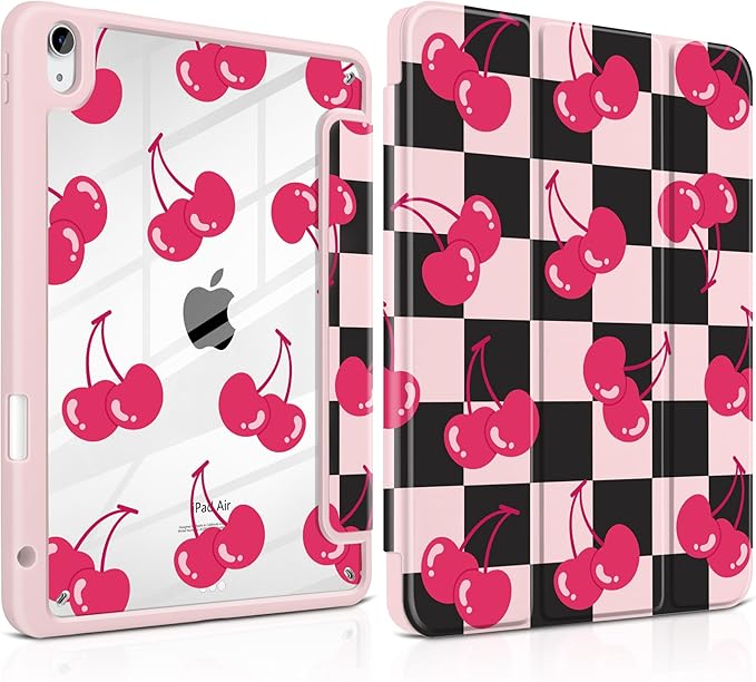 DONGKE Case for iPad Air 11-inch M4 2026 &amp M3 2025 &amp M2 2024 iPad Air 5th/4th Generation 10.9 2022/2020 [Built-in Pencil Holder] Clear Acrylic Back Trifold Stand Smart Cover Cherry Checker