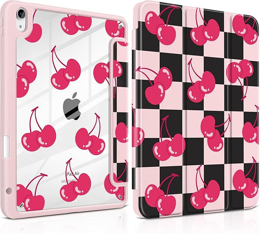 DONGKE Case for iPad Air 11-inch M4 2026 &amp M3 2025 &amp M2 2024 iPad Air 5th/4th Generation 10.9 2022/2020 [Built-in Pencil Holder] Clear Acrylic Back Trifold Stand Smart Cover Cherry Checker