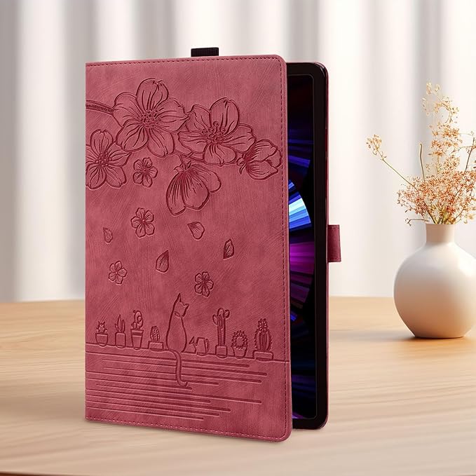 Case for Samsung Galaxy Tab S10 FE+/S10 FE Plus 13.1 Inch 2025 (SM-X620/SM-X626B) with Pencil Holder/Pockets Folio Stand Embossed Cherry Blossom PU Leather Magnetic Wallet Cover Wine Red Cat