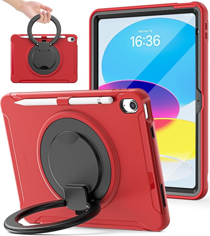 BATYUE Shockproof Case for iPad 10th Gen 10.9 2022 / 11th Gen (A16) 11 2025 | 360° Multi-Angle Stand (Portrait &amp Landscape) &amp Grip Built-in Screen Protector Pencil Holder Red