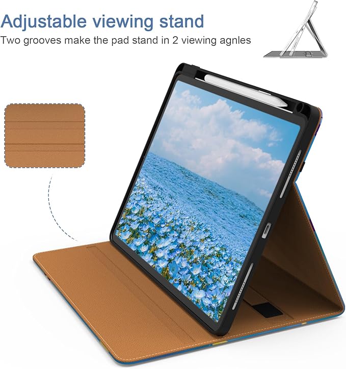 Case for iPad Pro 12.9 6th/5th/4th/3rd Generation 2022/2021/2020/2018 PU Leather 12.9 Cover with Pencil Holder/Multi-Angle Stand/Pocket Auto Wake/SleepButterfly Blue