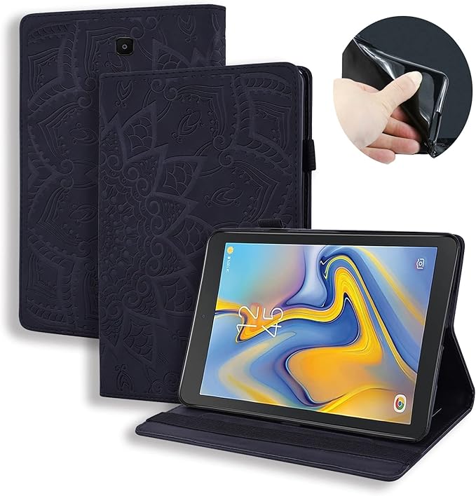 YEMENGHUA Heavy Duty Protection Compatible with Samsung Galaxy Tab A 8.0 T387 SM-T387V T387T T387A Slim Lightweight Embossed PU Leather Flip Holder Tablet PC Case Card Slot Tablet Case(Black)