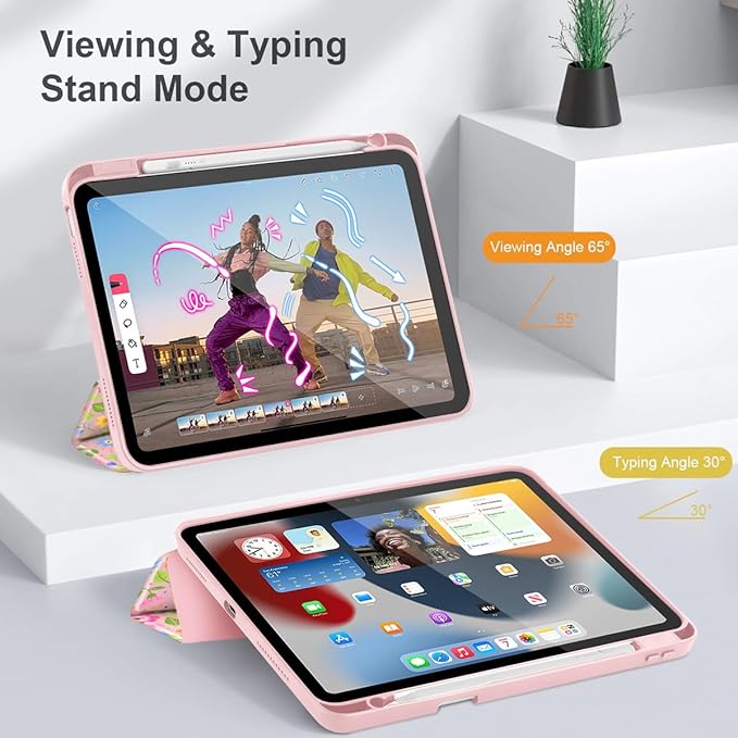 May Chen Case for iPad Air 13 Inch M4 2026 M3 2025 M2 2024 [Built-in Pencil Holder] Shockproof Cover with Clear Transparent Back Shell Auto Sleep/Wake Cover Small Flowers