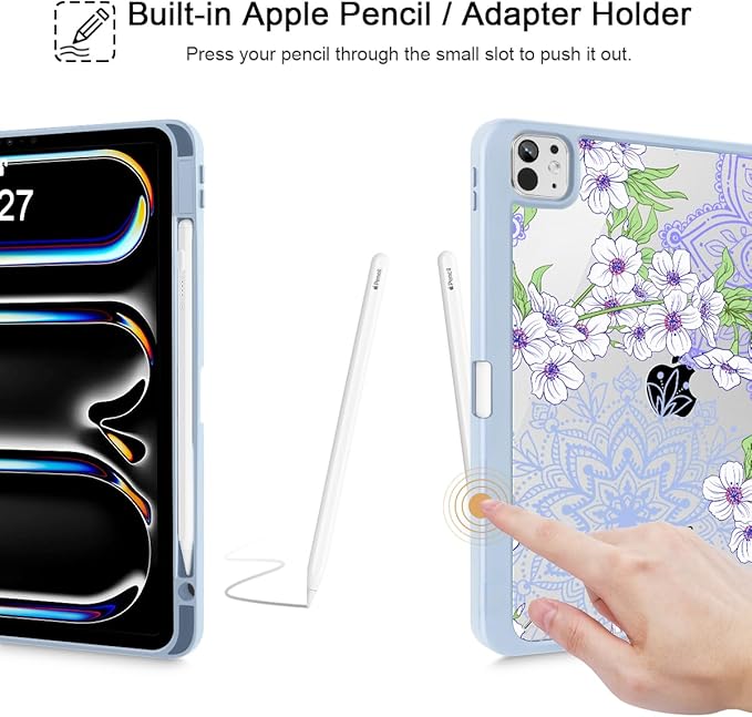 Mektron Case for M5/ M4 iPad Pro 11 inch 2025/2024 with Pencil Holder Compatible Models: A3357/A3358/A3359/A2836/A2837/A3006 Shockproof Cover Clear Shell Blossom Sakura-Blue