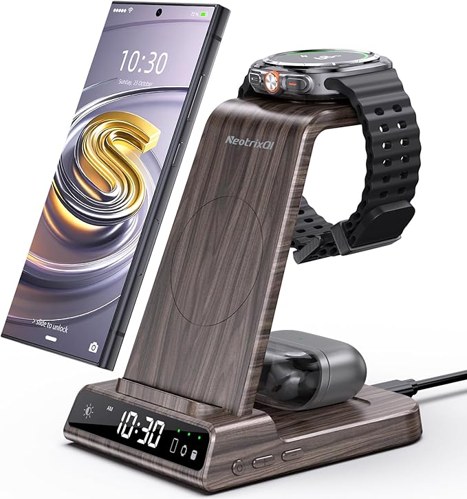 Wireless Charger Samsung Charging Station: 3 in 1 Android Charging Stand with Dimmable Clock - Nightstand Organizer for Galaxy S25 S24 Ultra Galaxy Watch 8 7 6 5 4 Galaxy Buds Space-Saving Charger