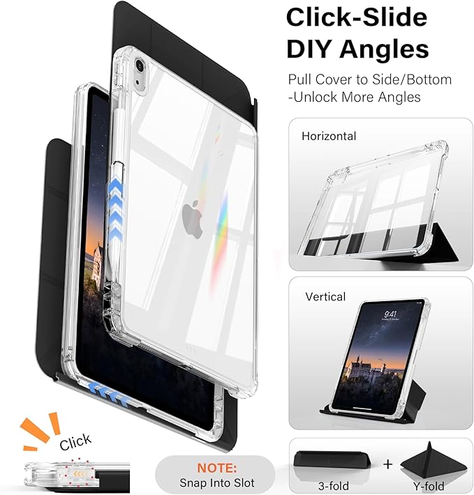 JKSML Case for iPad (A16) 11th/10th Gen with 8+ Viewing Angles DIY Detachable Sliding Cover Fully Clear Hard Back Shell Solid Y-fold Stand Pencil Holder for iPad 10.9 (2022)/ 11 (2025)-Black-1