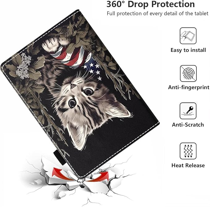Case for All-New Amazon Kindle Fire HD 10 &amp 10 Plus Tablet 10.1 (13th/11th Generation 2023/2021 Release) - PU Leather Folio Case with Smart Auto Wake/Sleep Cat Holding American Flag