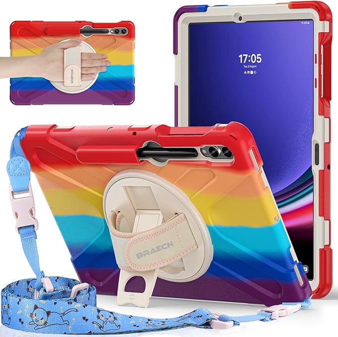 BRAECNstock Kids Case for Samsung Galaxy Tab S10+ Plus/ S9 FE+ Plus/ S9+ Plus/ S8+ Plus/ S7 FE/ S7+ Plus 5G 12.4 Shockproof Protective Cover with Pen Holder Rotating Hand Strap &amp Stand - Colorful