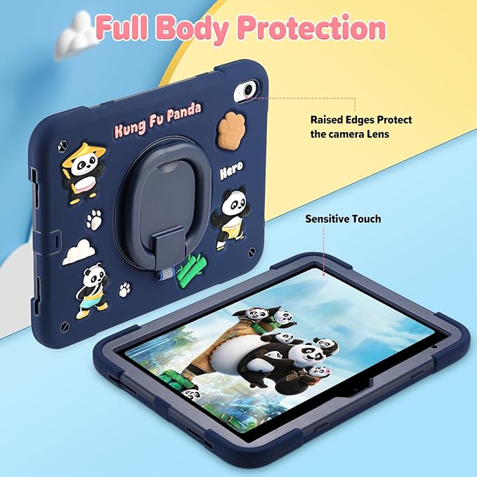 Case for iPad A16 11th Generation 11 Inch 2025 iPad 10th Generation 10.9 Inch 2022 Silicone 3D Panda Design Kids Case Heavy Duty Protection with Kickstand/Pencil Holder/Strap