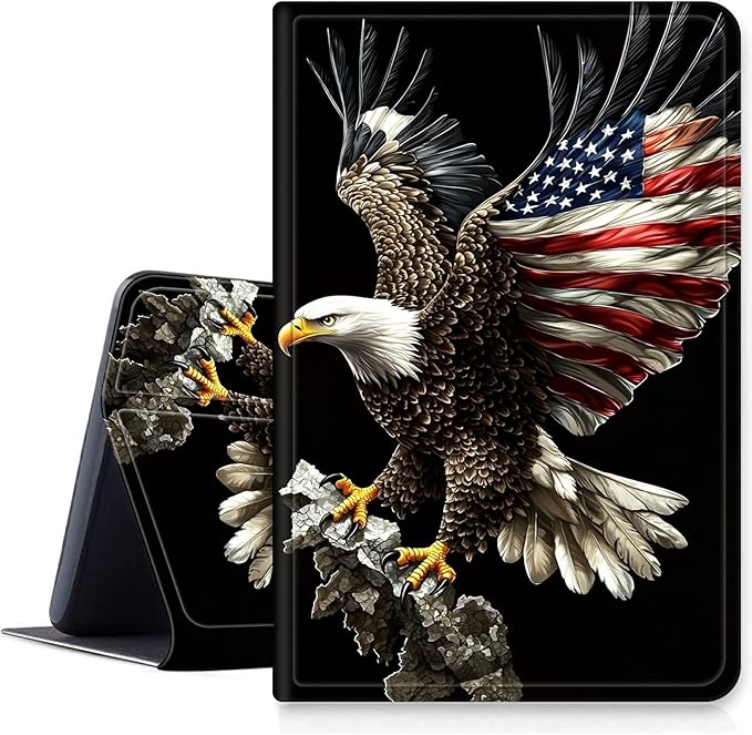 DIGTIALLL Case for Amazon Kindle Fire 7 Tablet Case (12th Gen 2022 Release) PU Leather Smart Protective Cover with Auto Sleep/WakeFlying Eagle with Flag