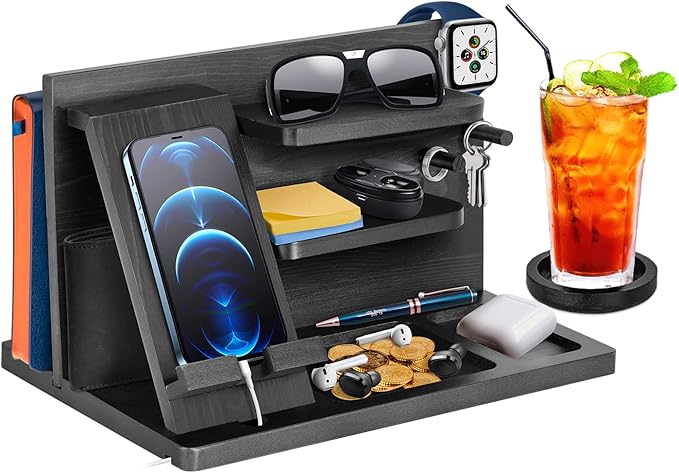 Gifts for Men Bedside Organiser Wood Phone Docking Station Dad Birthday Gifts for Him Nightstand Key Wallet Watch Stand Mens Gifts for Xmas Presents for Dad Husband Boyfriend Anniversary &amp Christm