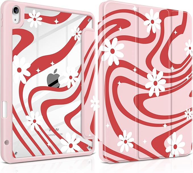 DONGKE Case for iPad Air 11-inch M4 2026 &amp M3 2025 &amp M2 2024 iPad Air 5th/4th Generation 10.9 2022/2020 [Built-in Pencil Holder] Clear Acrylic Back Trifold Stand Smart Cover Swirl &amp Da