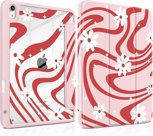 DONGKE Case for iPad Air 11-inch M4 2026 &amp M3 2025 &amp M2 2024 iPad Air 5th/4th Generation 10.9 2022/2020 [Built-in Pencil Holder] Clear Acrylic Back Trifold Stand Smart Cover Swirl &amp Da