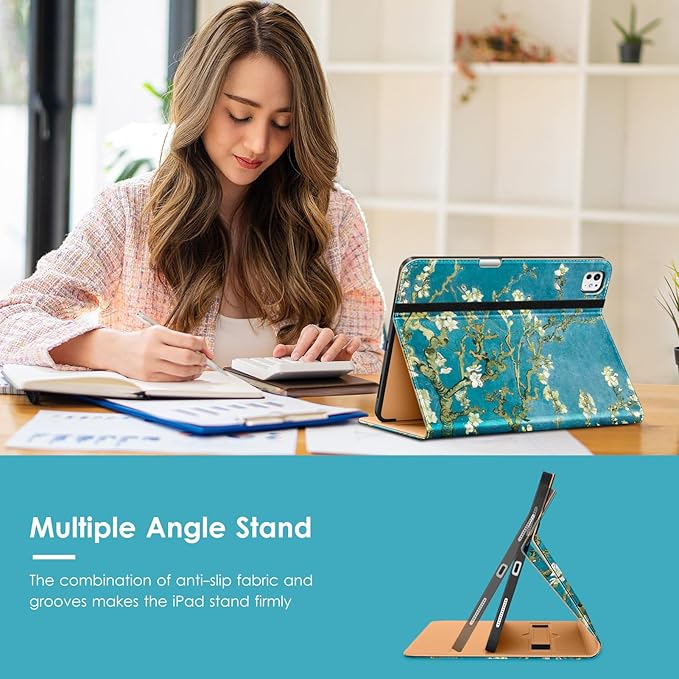 VIKESI Case for iPad Pro 13-inch M5 or M4 Released in 2025 or 2024 Leather Stand Cover with Apple Pencil Holder Auto Wake/Sleep Multiple Viewing Angles Built in Hand Strap &amp PocketBlossom