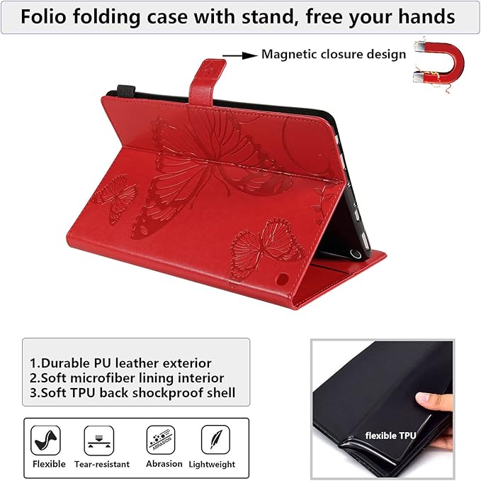 for Kindle Fire HD 10 &amp HD 10 Plus Case 13th/11th Generation 10.1 (2023/2021) Stand Embossed PU Leather Magnetic Wallet Cover with Pencil Holder/Pockets [Auto Wake/Sleep] Red Butterfly