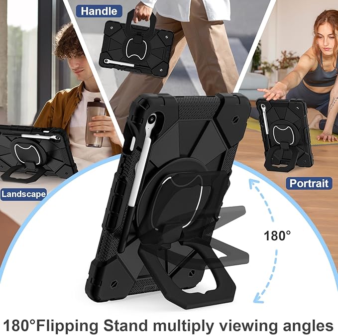 Case for Samsung Galaxy Tab S10 Lite / S10 FE / S9 FE 10.9 Inch &amp Galaxy Tab S9 11 Inch Rugged Samsung S10 Tablet Case with Pen Holder 360 Rotating Stand Shoulder Strap Screen Protector Black