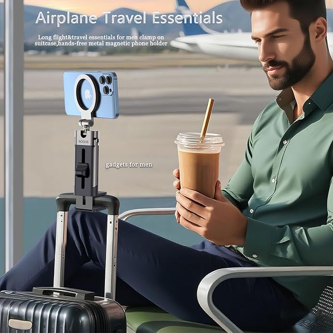 Airplane Travel Essentials Men Phone HolderPlane Phone Mount for MagSafeFoldable Magnetic Phone Stand for Desk 360° Swivel Universal in Airplane Gadgets Spring Break Essentials for iPhone 17