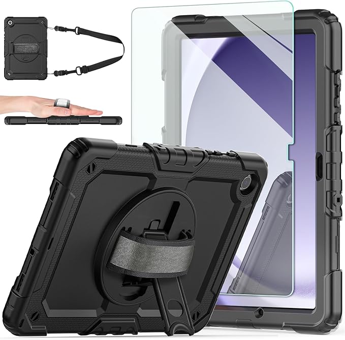Ambison Case for Samsung Galaxy Tab A9+ Plus 11'' 2023 [Kids Proof] Full Body Protective Case with 9H Tempered Glass Screen Protector 360° Rotatable Kickstand &amp Hand Strap (Black)