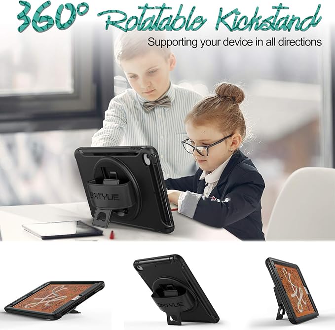BATYUE for iPad mini 5/4 7.9 Inch Case (2019/2015) Shockproof Cover with 360° Kickstand &amp Pencil Holder Comfortable Leather Hand Strap for Easy Grip - Black