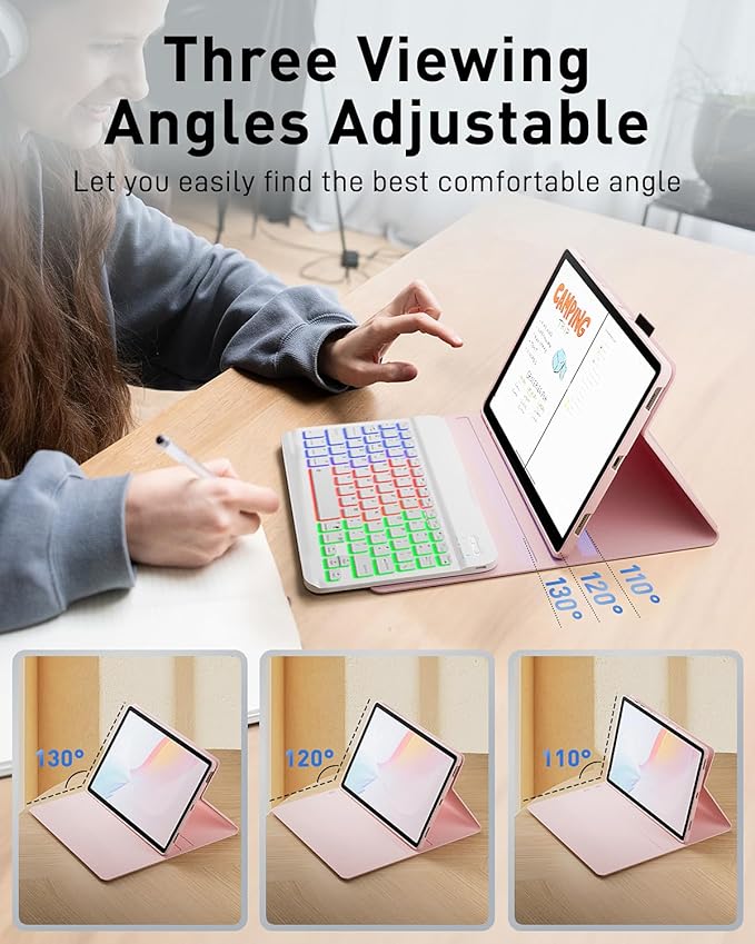 Case with Keyboard for 2025 Lenovo Idea Tab Plus 12.1 Inch/Lenovo Tab K12 - Rainbow Backlit Detachable Cover with Mouse (TB361FU/TB361ZU) - Pink