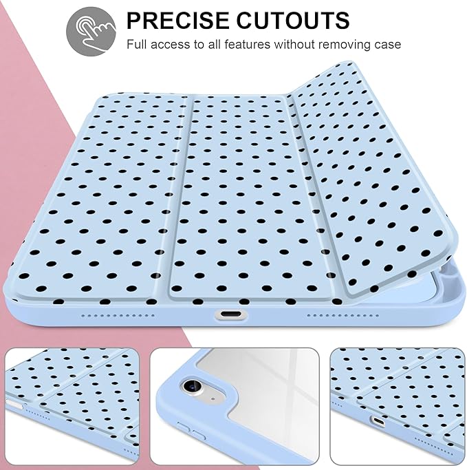 Case for iPad A16 11th Generation 11 inch 2025 iPad 10th Generation 10.9 inch 2022 -[Built-in Pencil Holder] Shockproof Clear Hard Back Trifold Stand Auto Wake/Sleep Blue Polka dot
