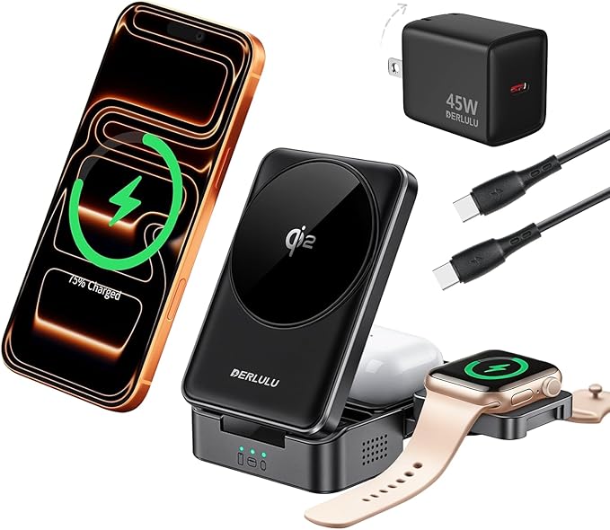 Foldable 3-in-1 Wireless Charger for Apple Devices Qi2 15W Magnetic Fast Charging Dock for iPhone 17/16 Apple Watch AirPods and More (45W USB-C Charger &amp 5ft Type-C Cable Included)