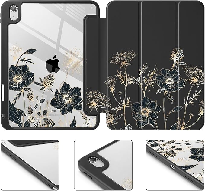 May Chen for iPad Air 11-inch M4/M3/M2 (2026/2025/2024) iPad Air 5th/4th 10.9 Inch - Shockproof Cover with Clear Back Shell &amp Penceil Holder Auto Wake/Sleep Stand Cover Abstract Floral