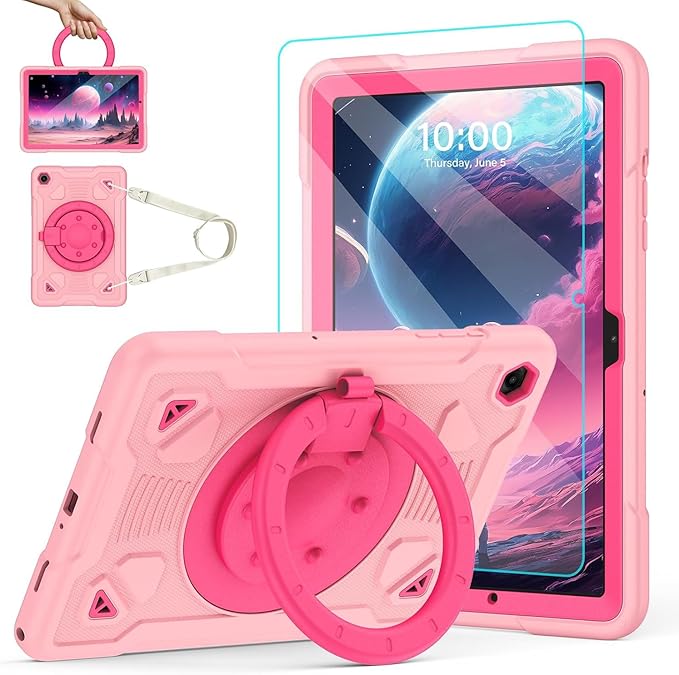 DreamerX for Samsung Galaxy Tab A11 Plus 2025 / A9 Plus 11 Inch 2023 Case Cute Silicone Shockproof Heavy Duty Kids Cover with Screen Protector Rotating Stand Handle Shoulder Strap for A11+/A9+ Pink