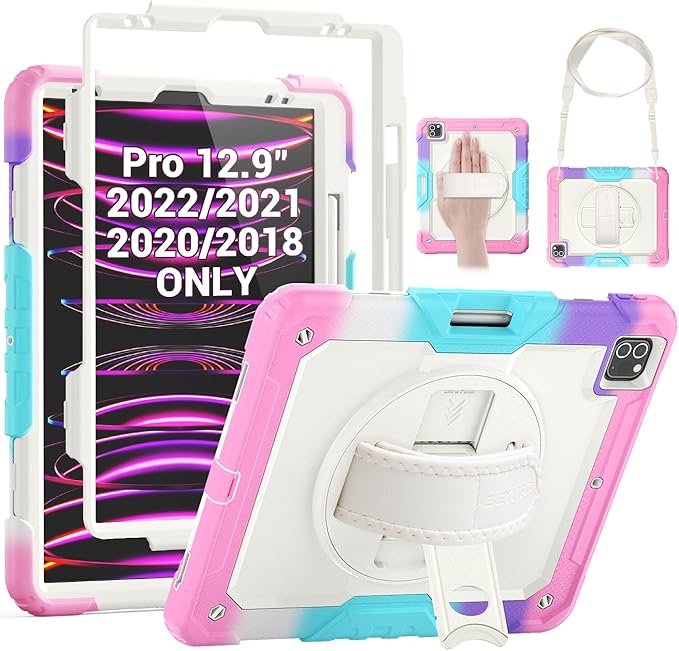 SEYMAC Case for iPad Pro 12.9 2022/2021/ 2020/2018 Heavy Duty Protection Shockproof Case with Screen Protector 360° Rotating Stand/Handle/Shoulder Strap Supports Pencil 2 Charging Colorful Pink