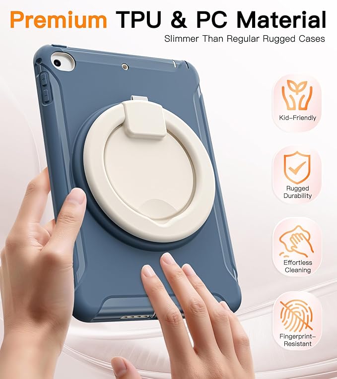 BATYUE Shockproof Case for iPad mini 4/5 (2015/2019) - 360° Multi-Angle Stand (Portrait &amp Landscape) &amp Grip Pencil Holder (Elastic Loop) Multi-Scene for All Ages Dusty Blue