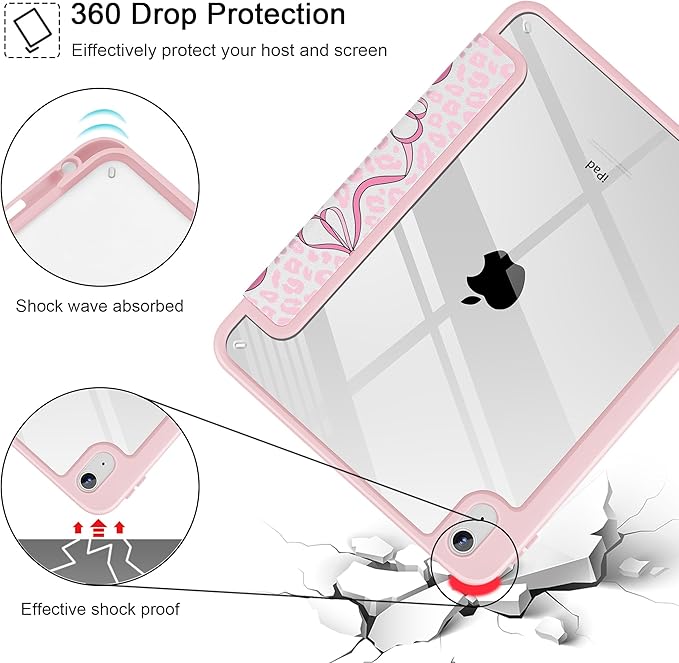Case for iPad 11 inch A16 2025 Generation 11th / iPad 10.9 inch 2022 10th Gen Buit in Pencil Holder with Shockproof Cover Clear Transparent Back Shell Auto Wake/Sleep Bows &amp Leopard