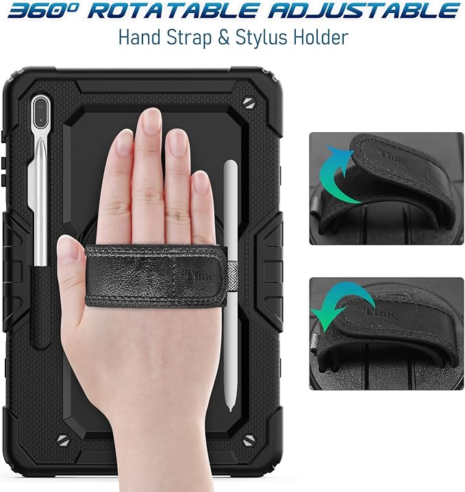 Timecity Case for Samsung Galaxy Tab S8 Plus/ S7 FE 5G Case 12.4'' with Screen Protector &amp 360° Swivel Kickstand &amp Hand Shoulder Strap for Galaxy Tab S7 FE/ S8 Plus/ S7 Plus 12.4 inch -Black