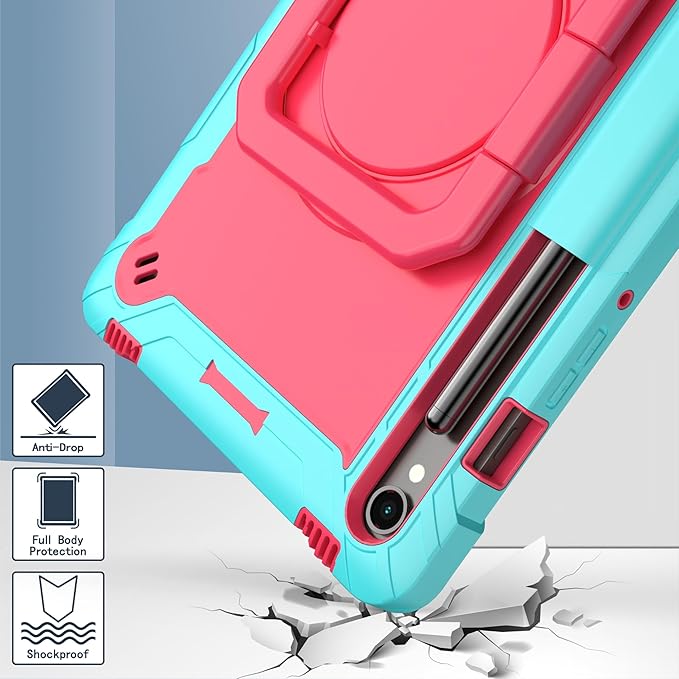 Case for Galaxy Tab S9 FE+/Tab S9+ 12.4 inch Rugged Armor Heavy Duty Hybrid Cover with Adjustable Stand and Handle for Tab S9 Plus 12.4 with Shoulder Strap and S Pen Holder (Teal/Pink)