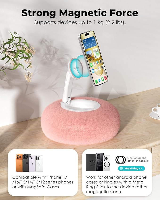 Viozon Phone Holder for Bed Magnetic Pillow Stand Compatible with 4-7 Phone/Kindle with Small Storage Removable Suction Base for Stability Idea for Kindle Reading and Video Watching On BedPink
