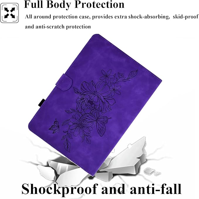 Folio Case for Amazon Kindle Fire HD 8/Fire HD 8 Plus (12th/10th Generation 2024/2022/2020) 8 with Stand/Pencil Holder [Auto Sleep/Wake] Embossed PU Leather Smart Cover Purple Butterfly Flower