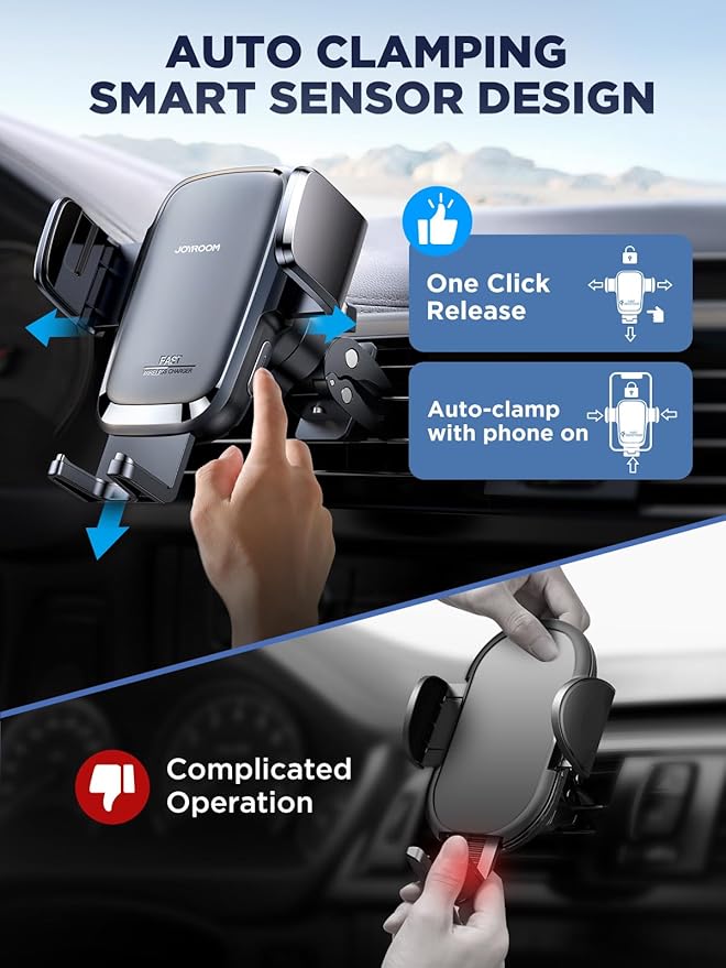 Wireless Car Charger 15W Qi Fast Charging Auto Clamping Car Charger Phone Holder Mount JOYROOM Cell Phone Holder Car Mount for iPhone 16 15 14 13 Pro Max Xs Galaxy S24 Ultra LG Google