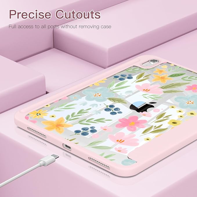 Teryeefi Case for iPad (A16) 11-inch 2025 &amp 10.9'' iPad 10th Generation 2022 3D Printing Slim Lightweight Protective Cover with StandAuto Wake/Sleep Function Clear PC +TPU Back Shell Pink Flor