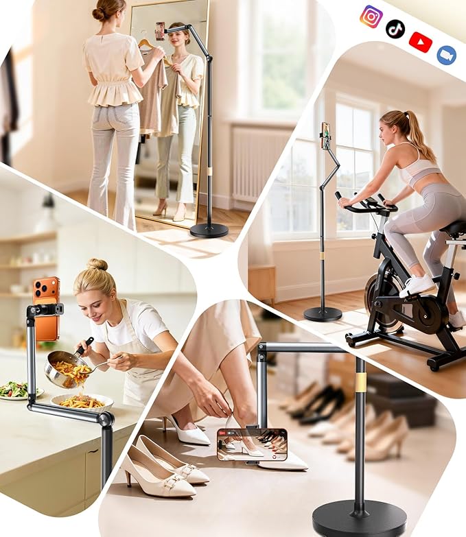 Phone Floor Stand Cell Phone Stand with Flexible Arm for Bed 69 Height Adjustable iPhone Stand Stable Overhead Tripod with 360°Rotatable Phone Holder &amp Remote for Recording Sofa Desk