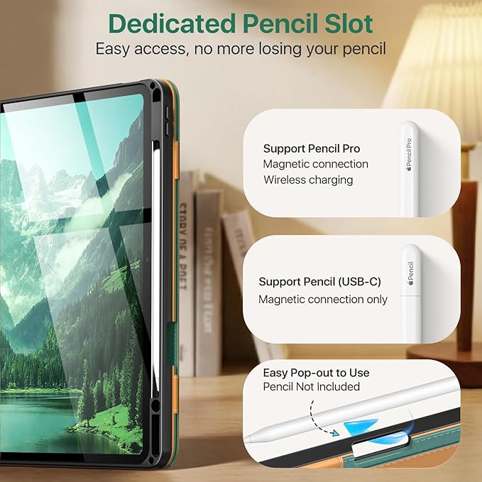 MoKo Case for iPad Air 13-inch (M4) 2026 / (M3) 2025 / (M2) 2024 with Pencil Holder &amp Hand Strap &amp Pocket Premium Leather Folio Stand Cover Multiple Viewing Angles Green