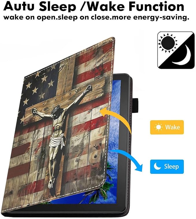 Case for Amazon Kindle Fire 7 Tablet (7 9th/7th Generation 2019/2017 Release) Slim PU Leather Cover with Card Slot &amp Auto Wake/Sleep American Flag Cross Jesus