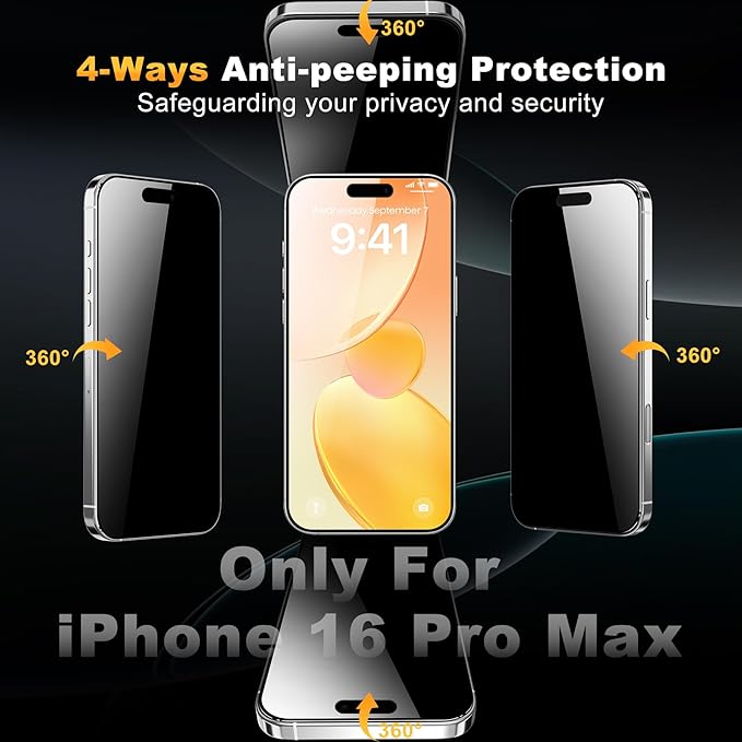 Fotbor [3 Pack] Privacy Screen Protector compatible with iPhone 16 Pro Max 4-Way 360° Anti-Spy Tempered Glass with Auto-Alignment Fast Install Tray Ion-Exchange Strengthened 9H Hardness